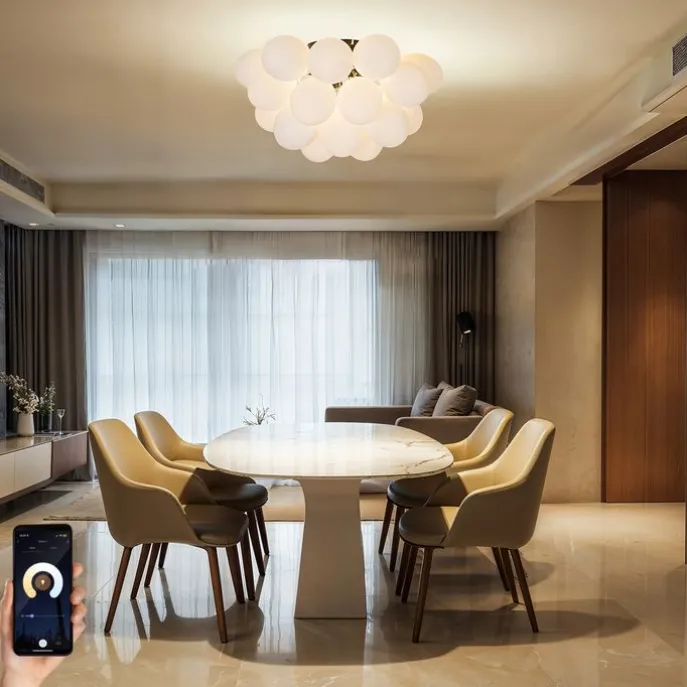 Smarte Deckenleuchte Schwarz mit Opalglas 6-flammig inkl. 6 Wifi G9 - Uvas