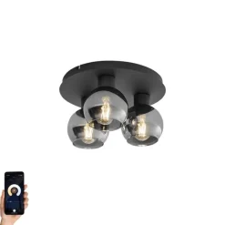 Smarte Deckenleuchte Schwarz mit Rauchglas 3-flammig inkl. WiFi A60 - Vidro