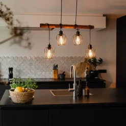 Smarte Hängelampe schwarz mit Holz inkl. 4 Wifi A60 - Stunk