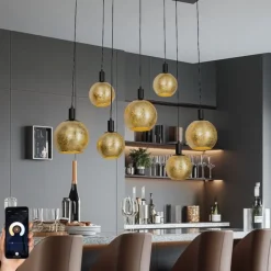 Smarte Pendelleuchte Schwarz mit Goldglas 7-flammig inkl. 7 Wifi A60 - Bert