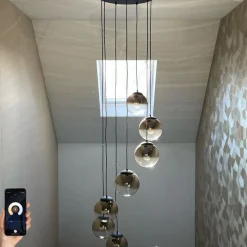 Smarte Pendelleuchte Schwarz mit Goldglas 7-flammig inkl. 7 Wifi A60 - Pallon