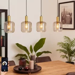 Smarte Pendelleuchte Schwarz mit Messing und bernsteinfarbenem Glas 4-flammig inkl. 4 Wifi G95 - Zuzanna