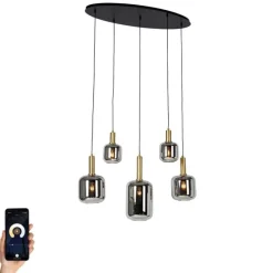 Smarte Pendelleuchte Schwarz mit Gold und Rauchglas Oval 5-Licht inkl. 5 Wifi G95 - Zuzanna