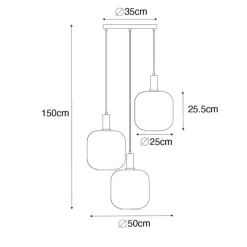 Smarte Pendelleuchte Schwarz mit Messing und bernsteinfarbenem Glas 3-flammig inkl. 3 Wifi G95 - Zuzanna