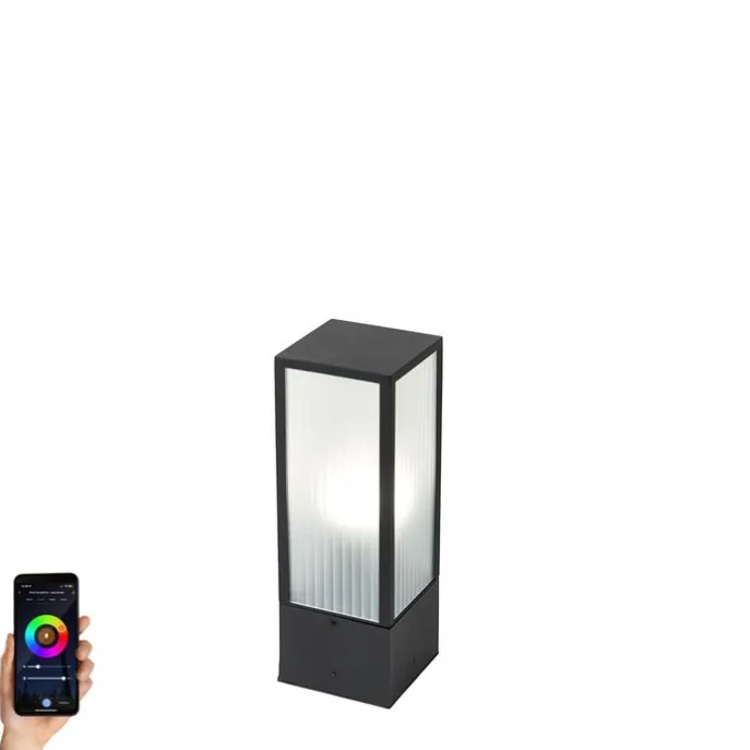 Smarte Steh-Außenleuchte schwarz mit geriffeltem Glas 40 cm inkl. WLAN A60 - Charlois