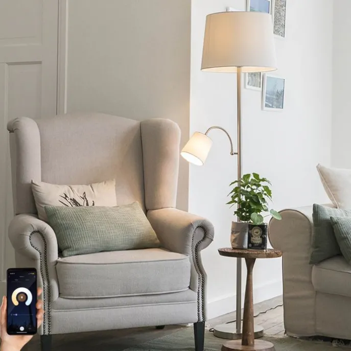 Smarte Stehleuchte aus Stahl mit weißem Schirm inkl. WiFi A60 und E14 - Retro