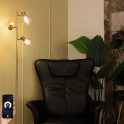 Smarte Stehleuchte Gold mit rosa Glas 3-Lichter inkl. 3 Wifi P45 - Vidro