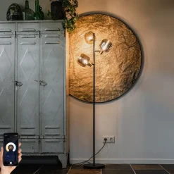 Smarte Stehleuchte Schwarz mit Gold und Rauchglas 3-flammig inkl. 3 Wifi P45 - Zuzanna