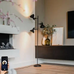 Smarte Stehleuchte Schwarz mit Gold 3-flammig inkl. 3 WiFi P45 - Tommy