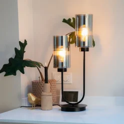 Smarte Tischleuchte Schwarz mit Rauchglas 2-flammig inkl. 2 Wifi ST64 - Laura