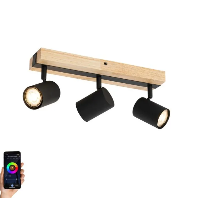 Smarter Deckenstrahler schwarz mit Holz 3-flammig dreh- und schwenkbar inkl. Wifi GU10 50mm - Jeana
