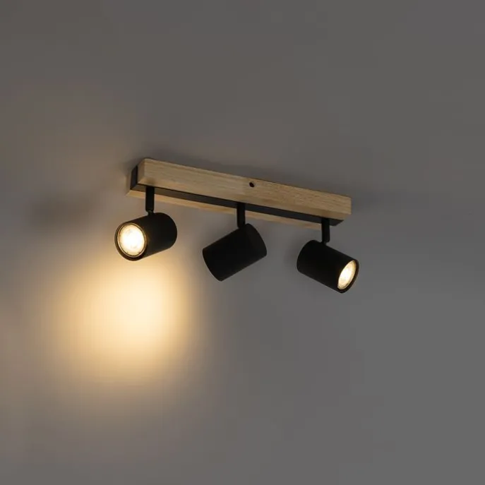 Smarter Deckenstrahler schwarz mit Holz 3-flammig dreh- und schwenkbar inkl. Wifi GU10 50mm - Jeana