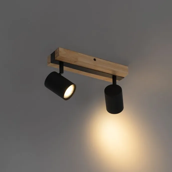Smarter Deckenstrahler schwarz mit Holz 2-flammig verstellbar inkl. Wifi GU10 50mm - Jeana