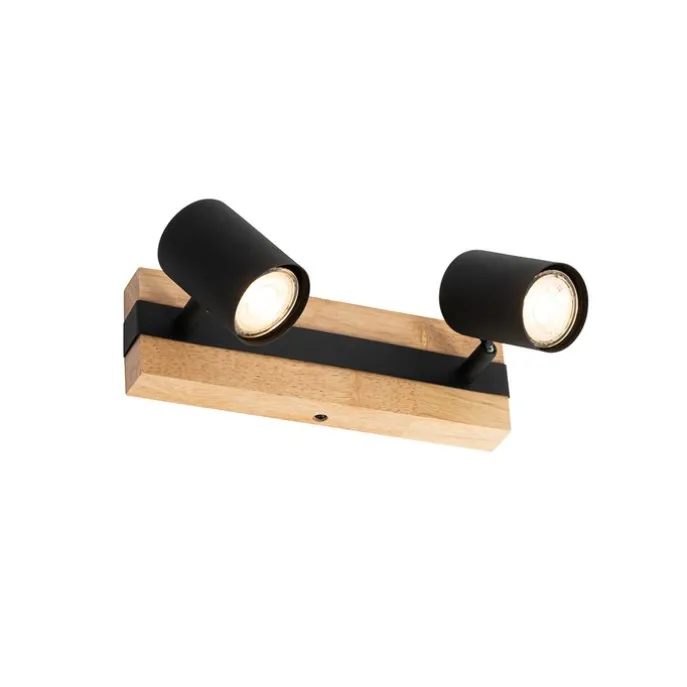 Smarter Deckenstrahler schwarz mit Holz 2-flammig verstellbar inkl. Wifi GU10 50mm - Jeana