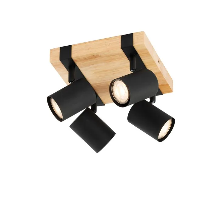 Smarter Deckenstrahler schwarz mit Holz 4-flammig verstellbar inkl. Wifi GU10 50mm - Jeana