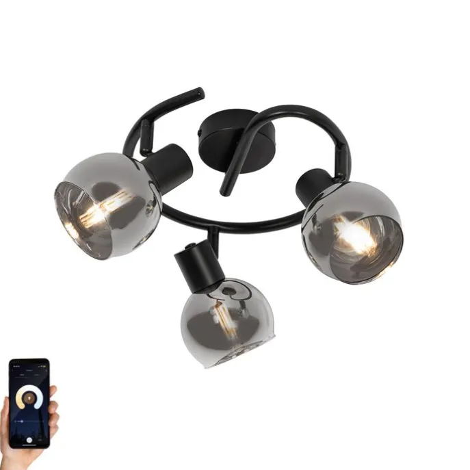 Smarter Deckenstrahler schwarz mit Rauchglas 3-flammig inkl. WiFi P45 - Vidro