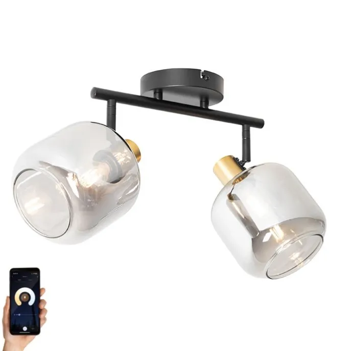 Smarter Deckenstrahler schwarz mit Gold und Rauchglas 2-flammig inkl. 2 Wifi P45 - Zuzanna