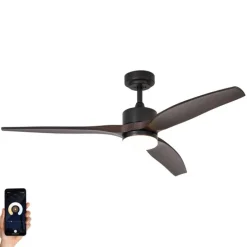 Smarter Deckenventilator schwarz mit Holzprint 132cm inkl. LED Dimmbar mit Fernbedienung - Joly