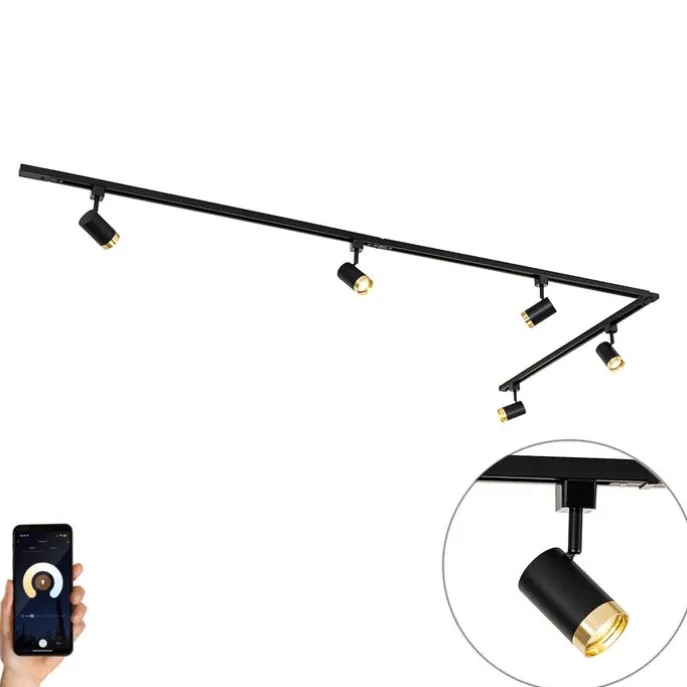 Smartes Schienensystem mit 5 Strahlern Schwarz Gold 1-phasig inkl. 5 Wifi GU10 50mm - Iconic Jeana