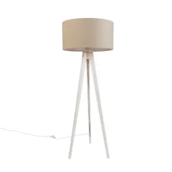 Stativ-Stehleuchte weiß mit hellbraunem Stoffschirm 50cm - Tripod Classic