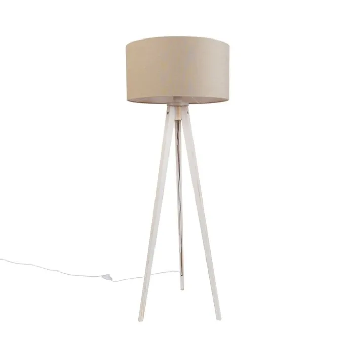 Stativ-Stehleuchte weiß mit hellbraunem Stoffschirm 50cm - Tripod Classic