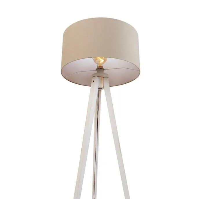 Stativ-Stehleuchte weiß mit hellbraunem Stoffschirm 50cm - Tripod Classic