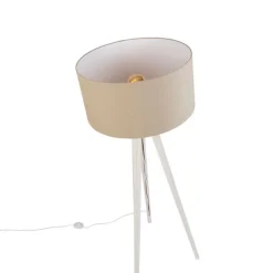 Stativ-Stehleuchte weiß mit hellbraunem Stoffschirm 50cm - Tripod Classic