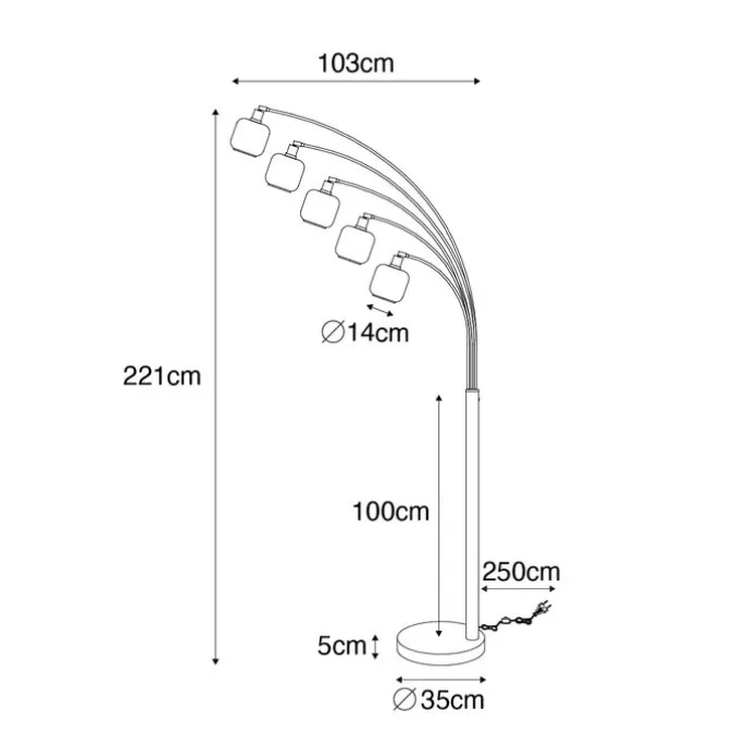Stehlampe Schwarz mit Gold mit Rauchglas 5 Lichter - Zuzanna