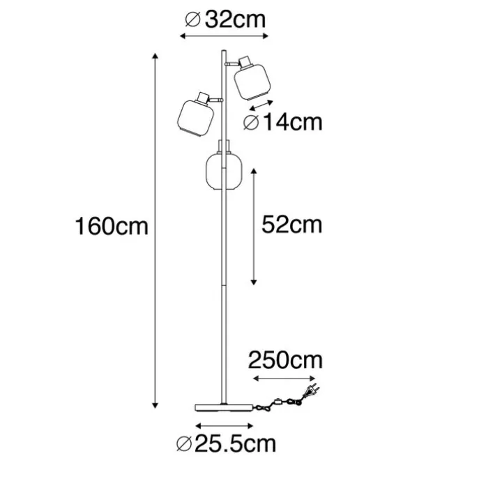 Stehlampe schwarz mit Gold mit Rauchglas 3 Lichter - Zuzanna