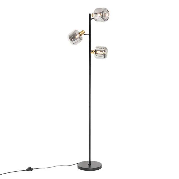 Stehlampe schwarz mit Gold mit Rauchglas 3 Lichter - Zuzanna