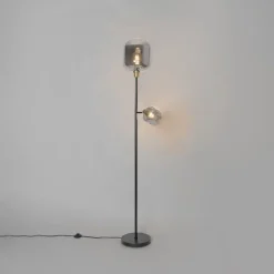Stehlampe schwarz mit Gold mit Rauchglas 2 Lichter - Zuzanna