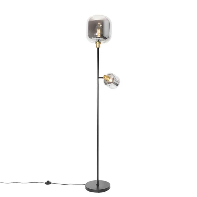 Stehlampe schwarz mit Gold mit Rauchglas 2 Lichter - Zuzanna