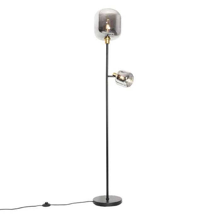 Stehlampe schwarz mit Gold mit Rauchglas 2 Lichter - Zuzanna