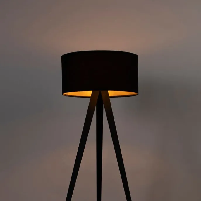 Stehlampe schwarz mit schwarzem Schirm und goldener Innenseite - Ilse