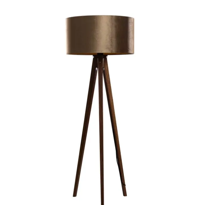 Stehleuchte Dreibein Walnuss Holz mit Bronze Samt Lampenschirm 50cm - Tripod Classic