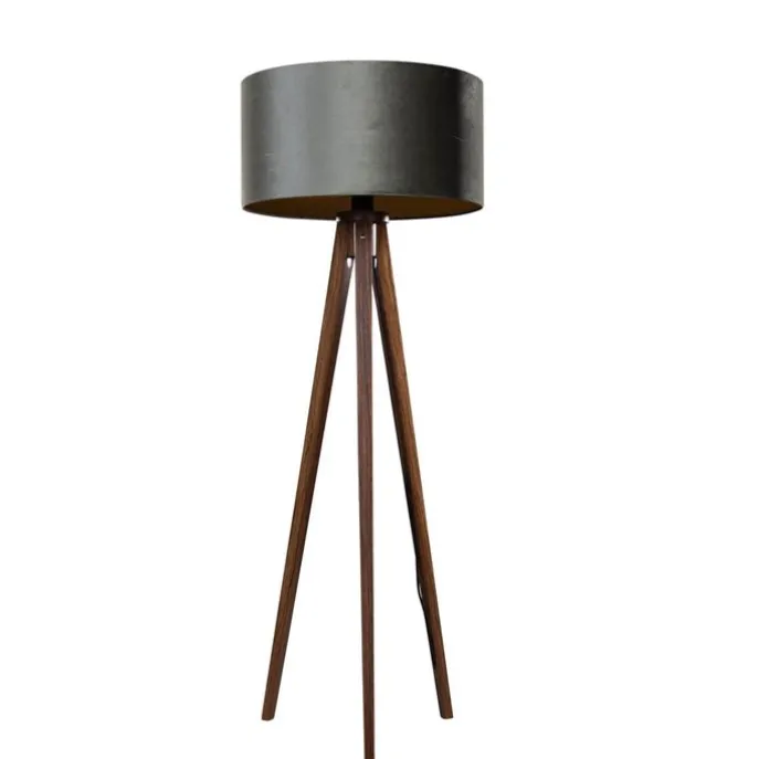 Stehleuchte Dreibein Walnussbaum mit grünem Samt Lampenschirm 50cm - Tripod Classic