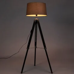 Stehleuchte schwarz mit taupe Leinenschirm 45 cm - Tripod