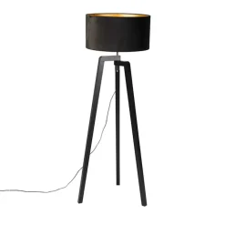 Stehleuchte Stativ schwarz Holz mit schwarzem Schirm 50 cm - Puros