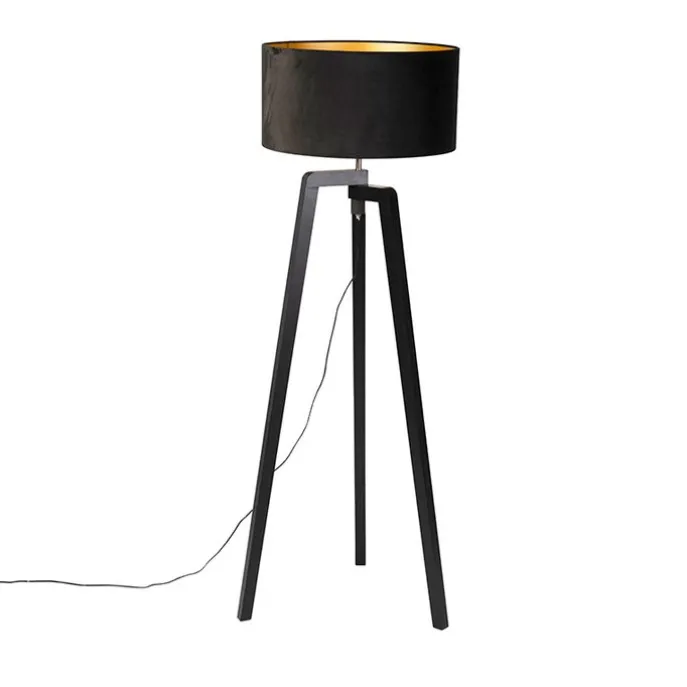 Stehleuchte Stativ schwarz Holz mit schwarzem Schirm 50 cm - Puros