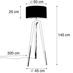 Stehleuchte Stativ schwarz Holz mit schwarzem Schirm 50 cm - Puros