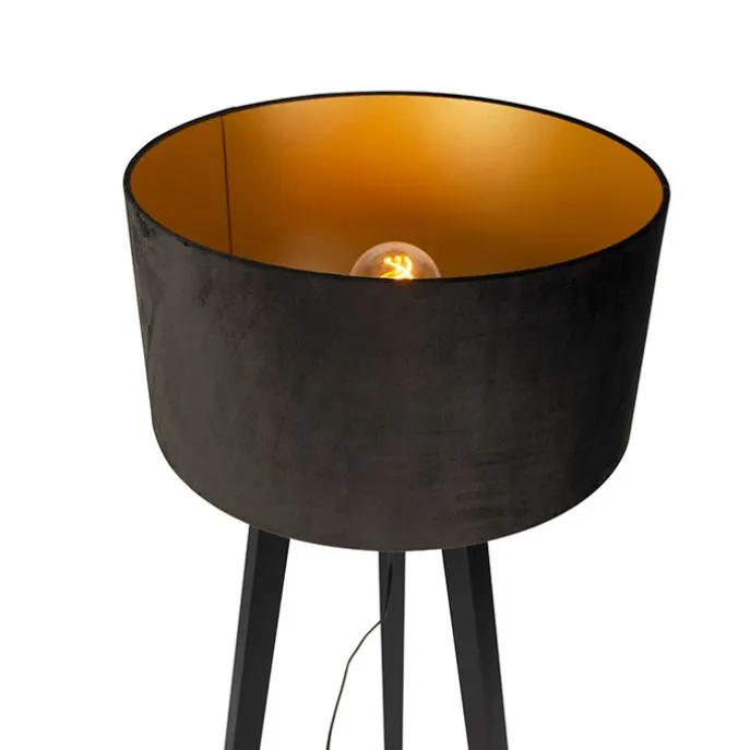 Stehleuchte Stativ schwarz Holz mit schwarzem Schirm 50 cm - Puros