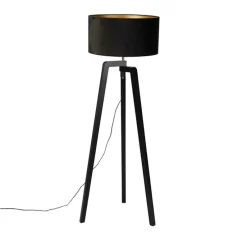 Stehleuchte Stativ schwarz Holz mit schwarzem Schirm 50 cm - Puros