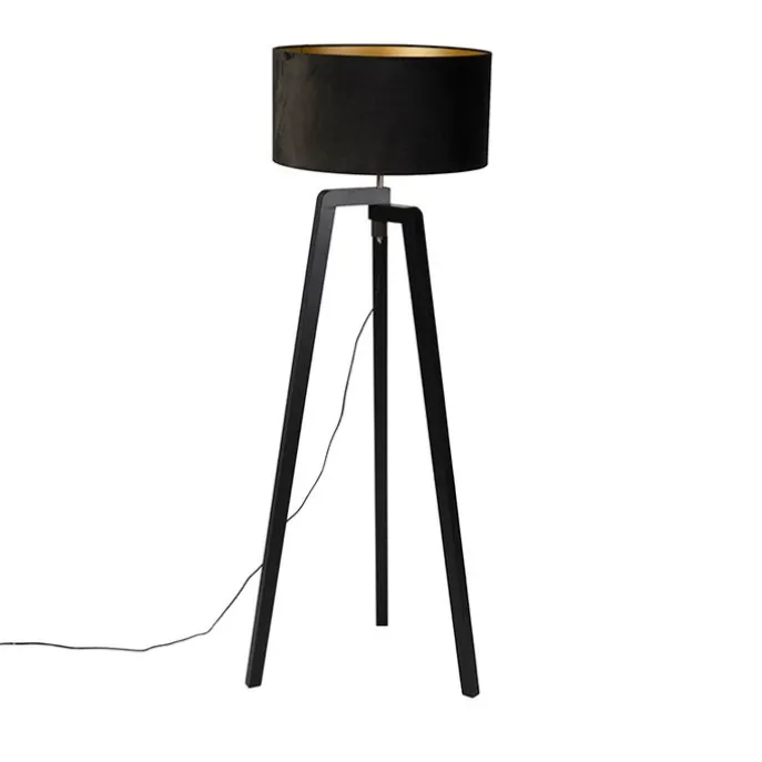 Stehleuchte Stativ schwarz Holz mit schwarzem Schirm 50 cm - Puros