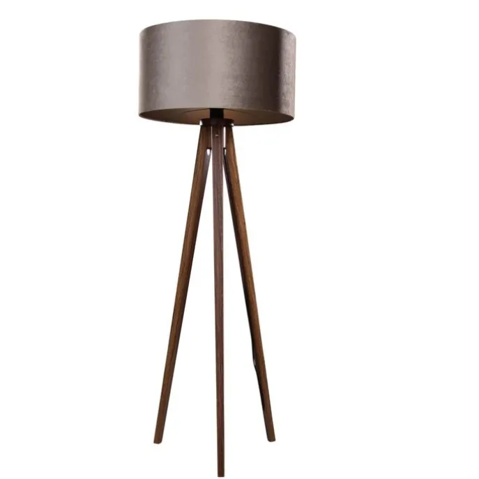 Stehleuchte Tripod aus Walnussholz mit taupefarbenem Samt-Schirm 50cm - Tripod Classic
