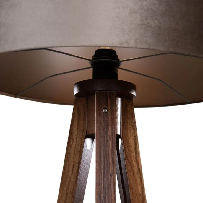 Stehleuchte Tripod aus Walnussholz mit taupefarbenem Samt-Schirm 50cm - Tripod Classic