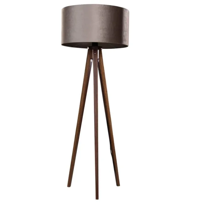 Stehleuchte Tripod aus Walnussholz mit taupefarbenem Samt-Schirm 50cm - Tripod Classic