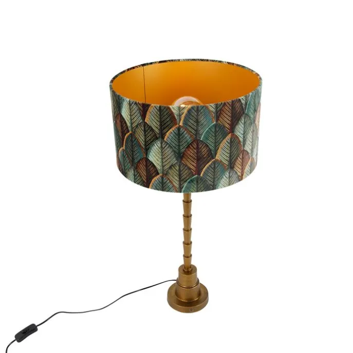 Tischleuchte Bronze mit Samtlampenschirm Blattdesign und goldener Innenseite - Pisos
