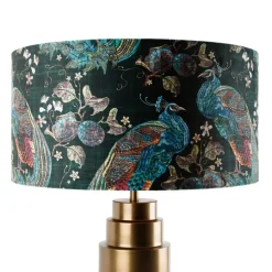 Tischleuchte Bronze Samtlampenschirm Pfauen grün mit Gold 50 cm - Bruut