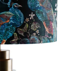 Tischleuchte Bronze Samtlampenschirm Pfauen grün mit Gold 50 cm - Bruut