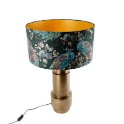 Tischleuchte Bronze Samtlampenschirm Pfauen grün mit Gold 50 cm - Bruut